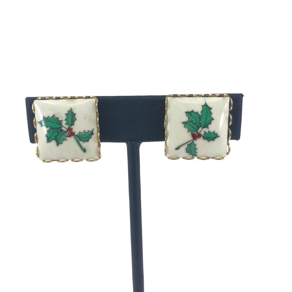 Vintage Ceramic Holly Christmas Earrings